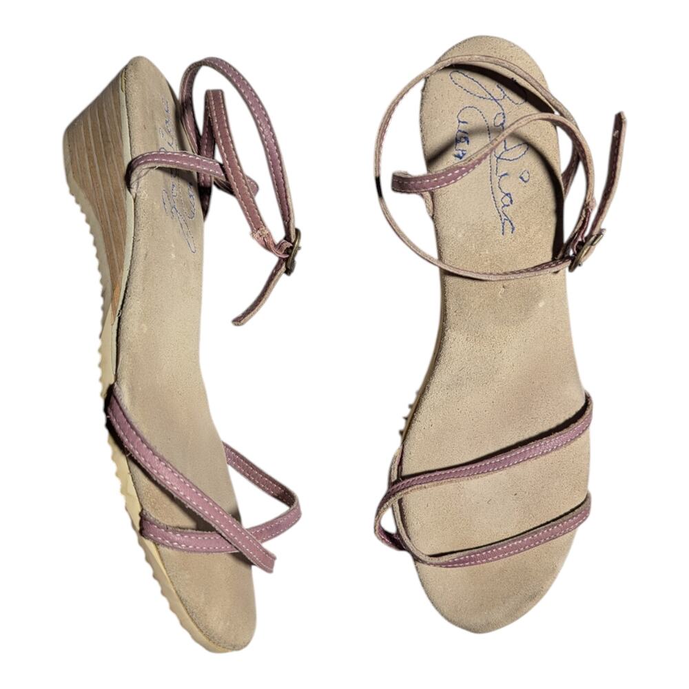 Vtg 1980s Zodiac Mauve Leather Minimal Wooden Wedge Strappy Sandals Sz 7.5
